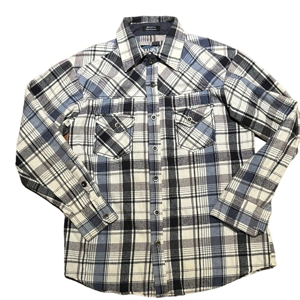 Franky Max Blue and Black Plaid Cotton Flannel Long Sleeve Shirt Mens Medium